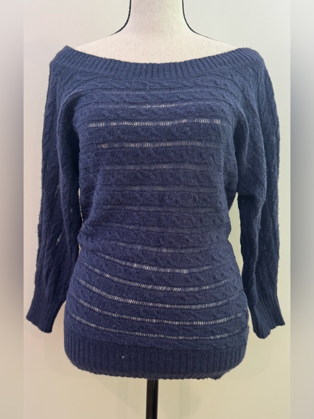 American Eagle XS Cable Knit Off Shoulder Sweater Wool Blend Navy Boho Y2K